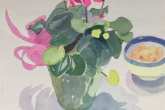 Pink Cyclamen and Blue-Rimmed Bowl