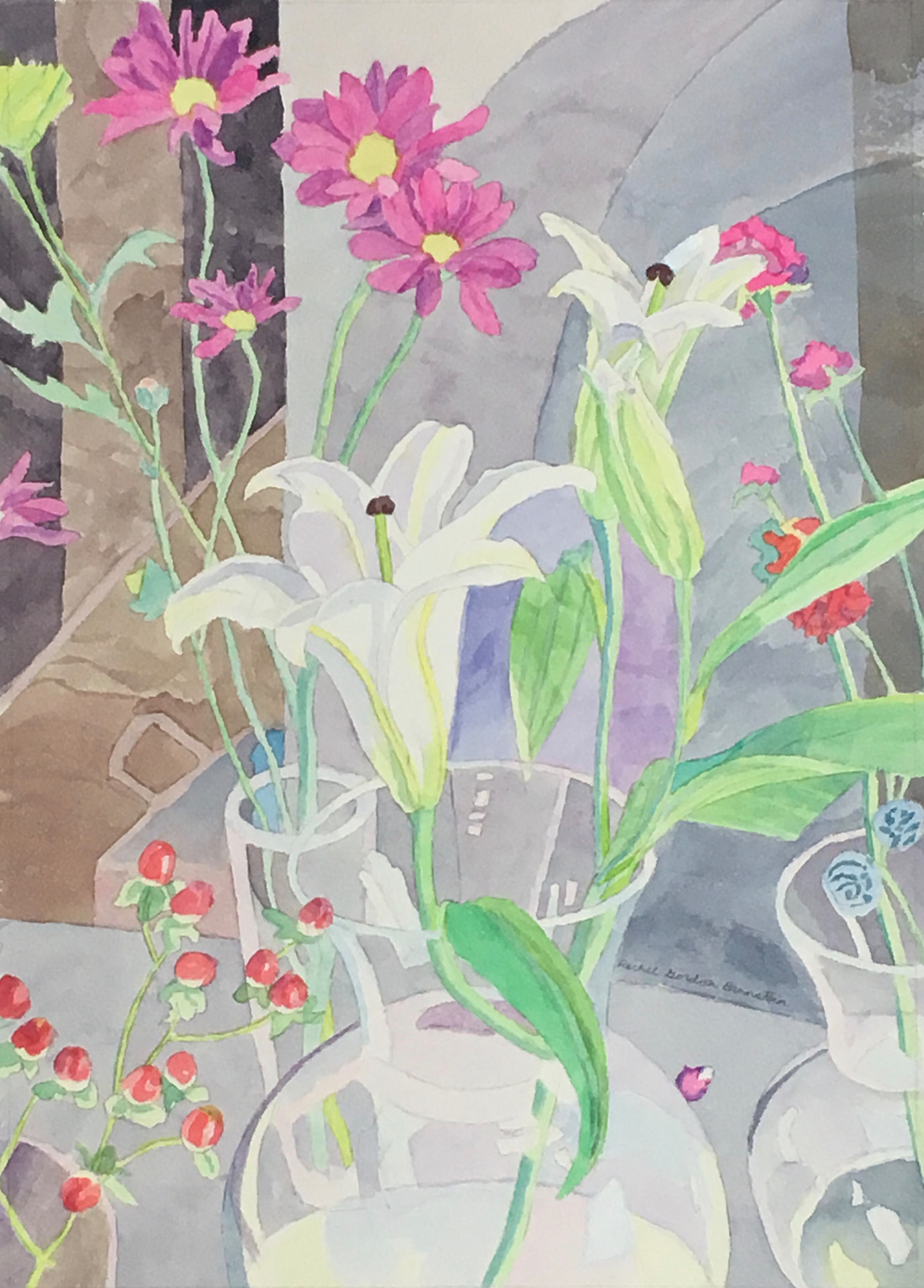 White Lilies, Crimson Flowers & Berries